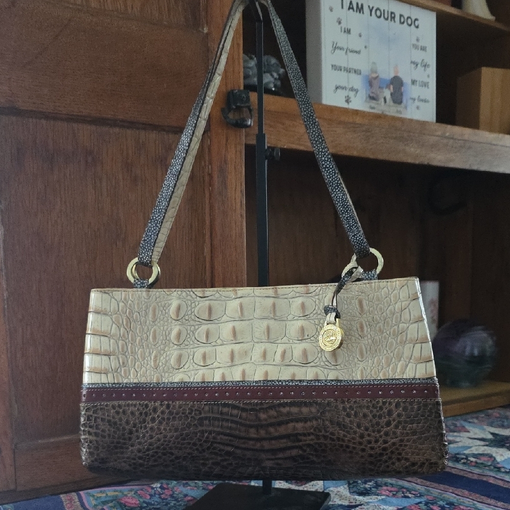 Brahmin Cream and Brown Croc-Embossed Bag